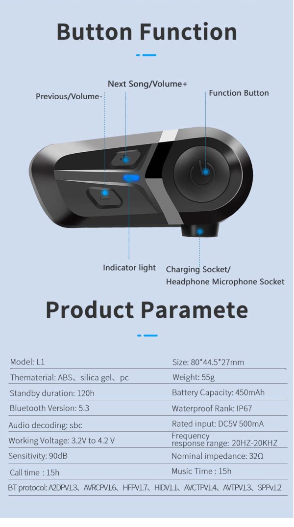L1 Bluetooth  για Κράνος Μηχανής Full Face με Soft Microphone Μαύρο - Image 3